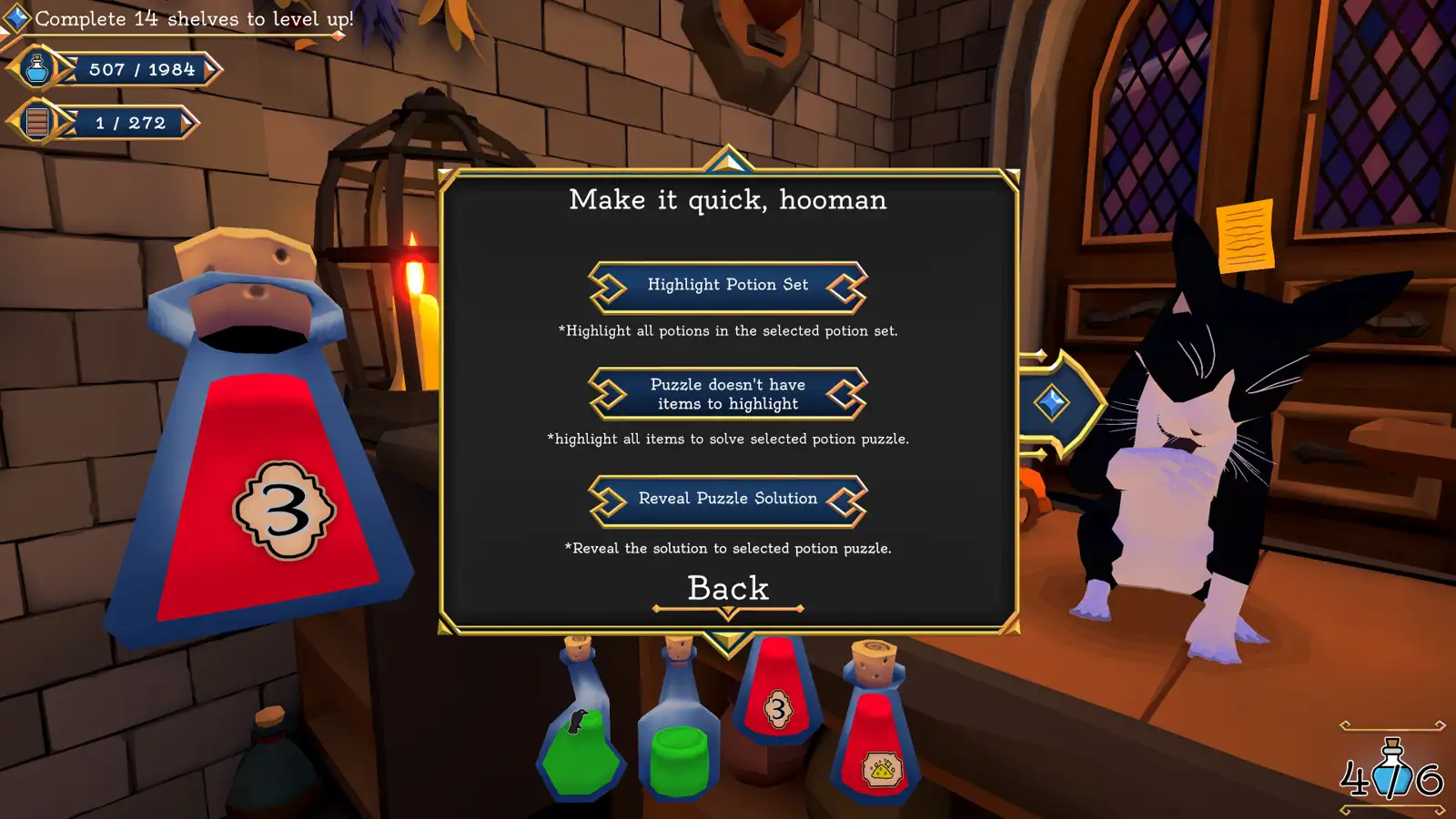 Official Steam screenshot of the cat hint menu with Highlight Potion Set and Reveal Puzzle Solution
