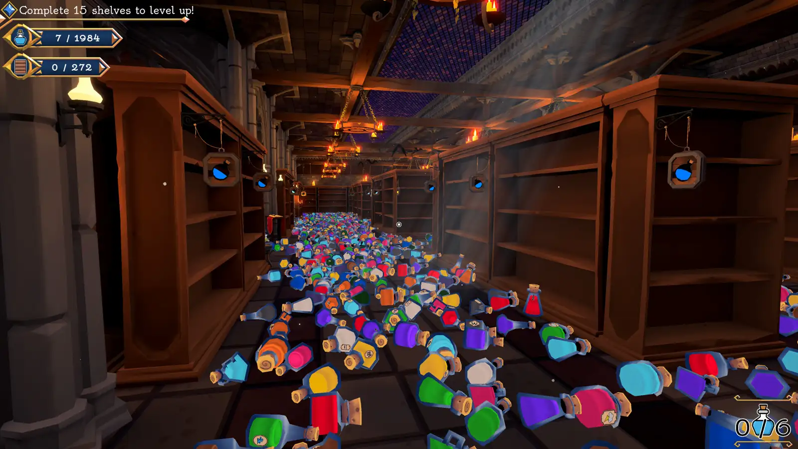 Official Steam screenshot of the potion cellar with empty shelves and hundreds of bottles on the floor